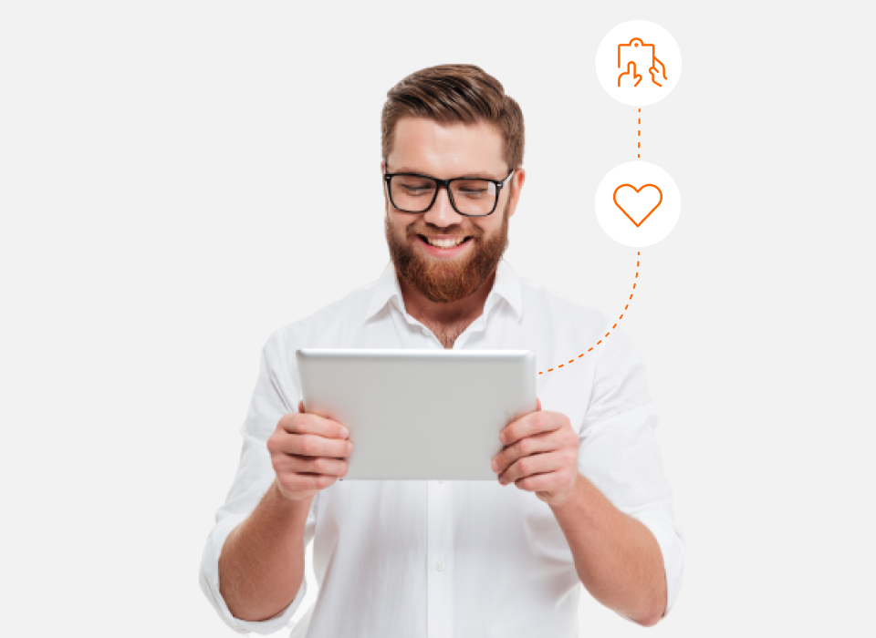 Man looking at tablet with floating clipboard & heart icons